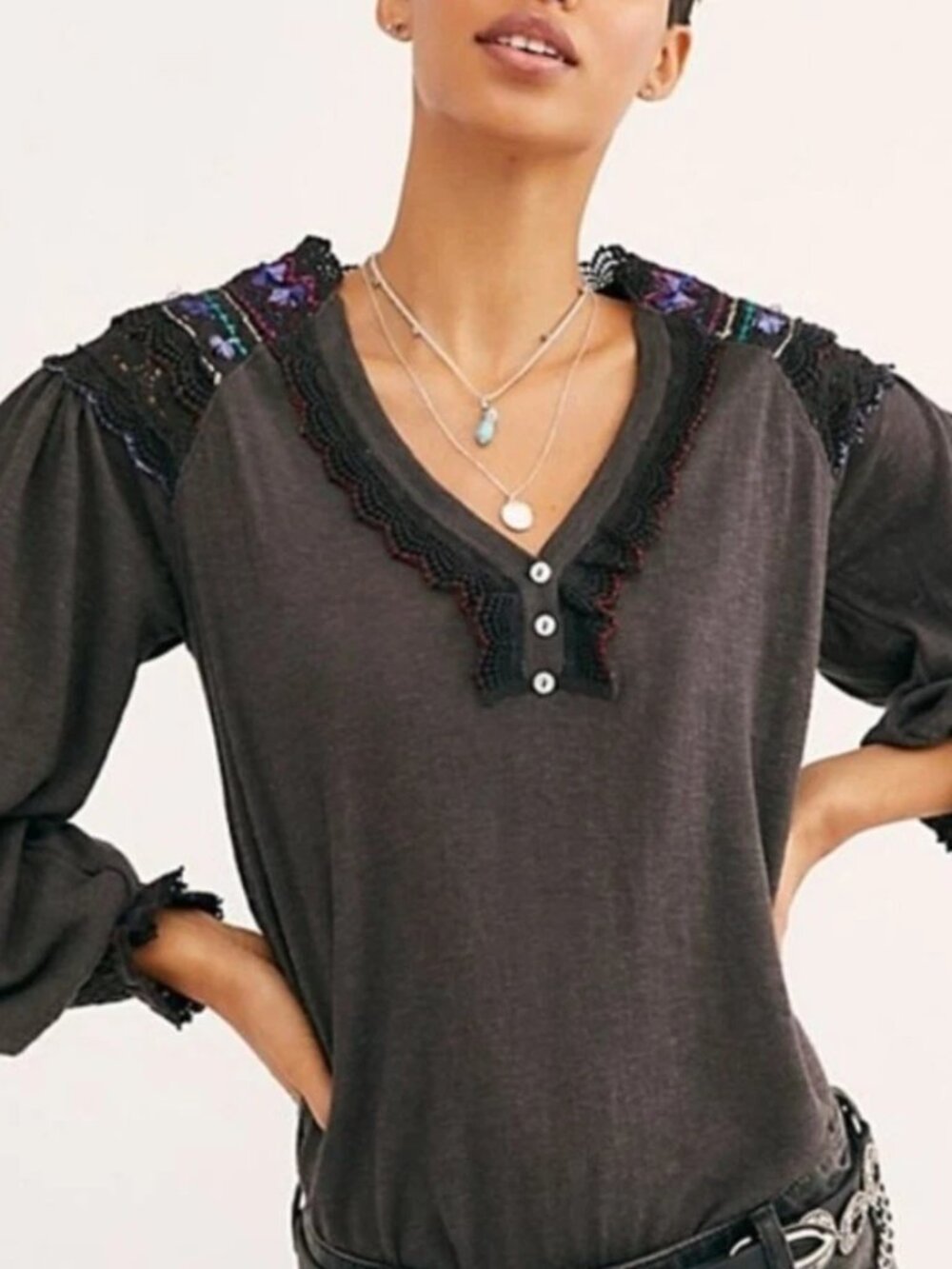 Free People Fiesta Siesta Balloon Sleeve Blouse Crochet Knit‎ Frock Size Small